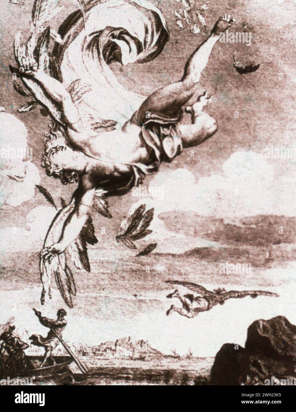 The Fall of Icarus, engraving by French artist Bernard Picart, France 1730s Stock Photo