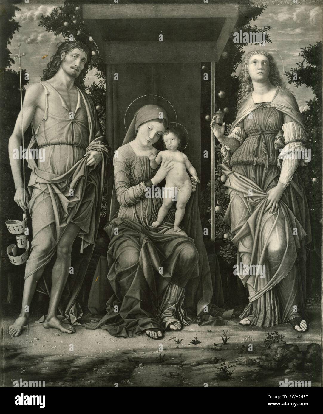 Virgin and child between St John the Baptist and Mary Magdalene, painting by Italian artist Andrea Mantegna, 1900s Stock Photo