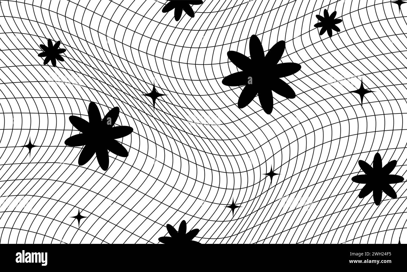 Retro Futuristic abstract Wavy Grid and Geometric Shapes Seamless Pattern. Wireframe Avant-Garde Print in Black and White Colors. Polygonal 3d Surface, Vector Illustration. Stock Vector