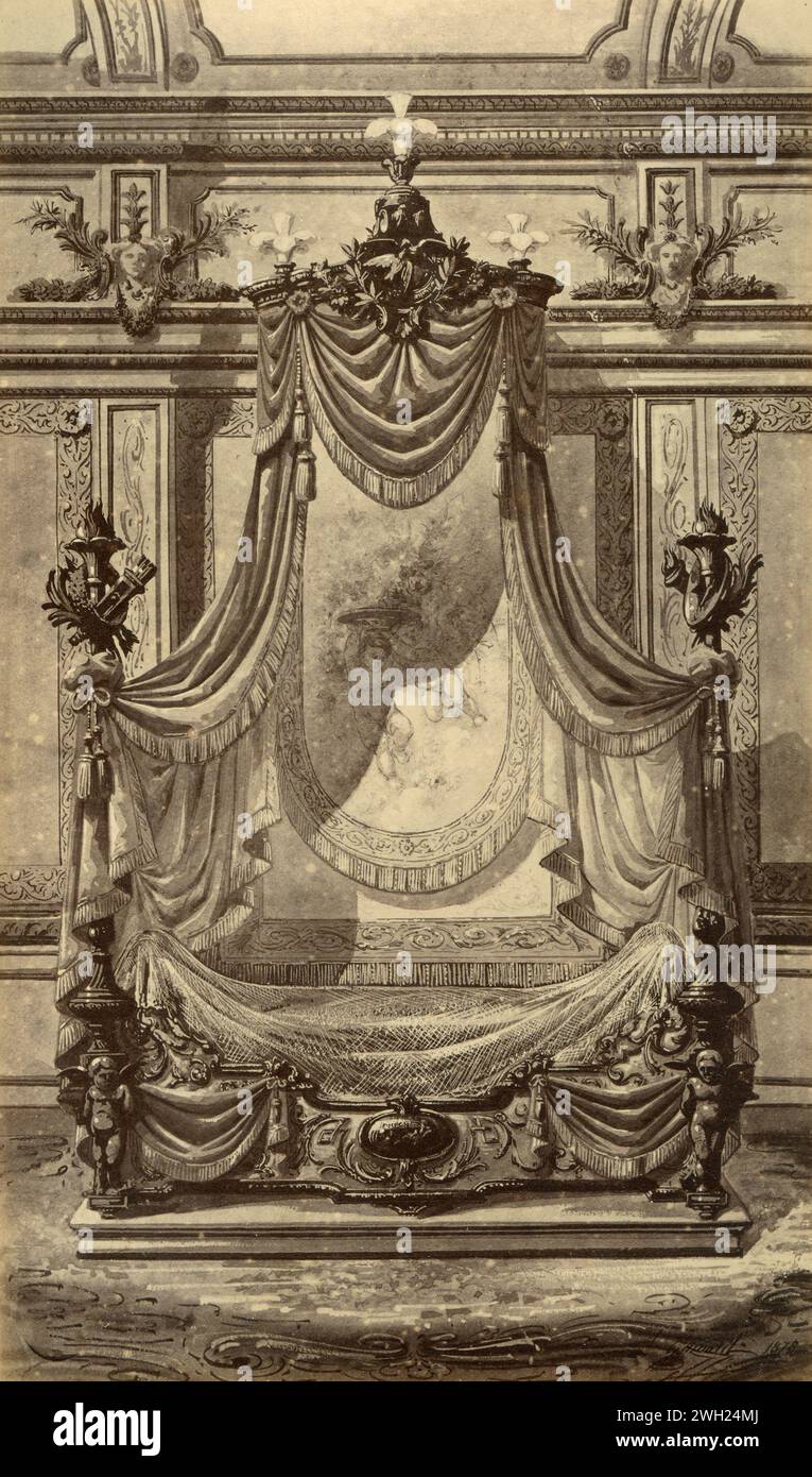 Louis XVI, XVIII century style bed with tapestry background, drawing by French artist Alfred Guinard, France 1881 Stock Photo