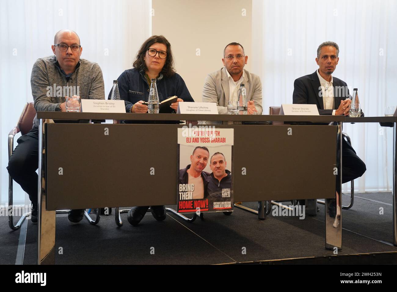 (Left-right) Stephen Brisley, Sharone Lifschitz, Sharon Sharabi and Raz Matalon who are family members of four people taken hostage by Hamas in Israel on October 7, speak during a press conference at the office of Mishcon de Reya in London, following talks held with a number of high level officials. Picture date: Wednesday February 7, 2024. Stock Photo