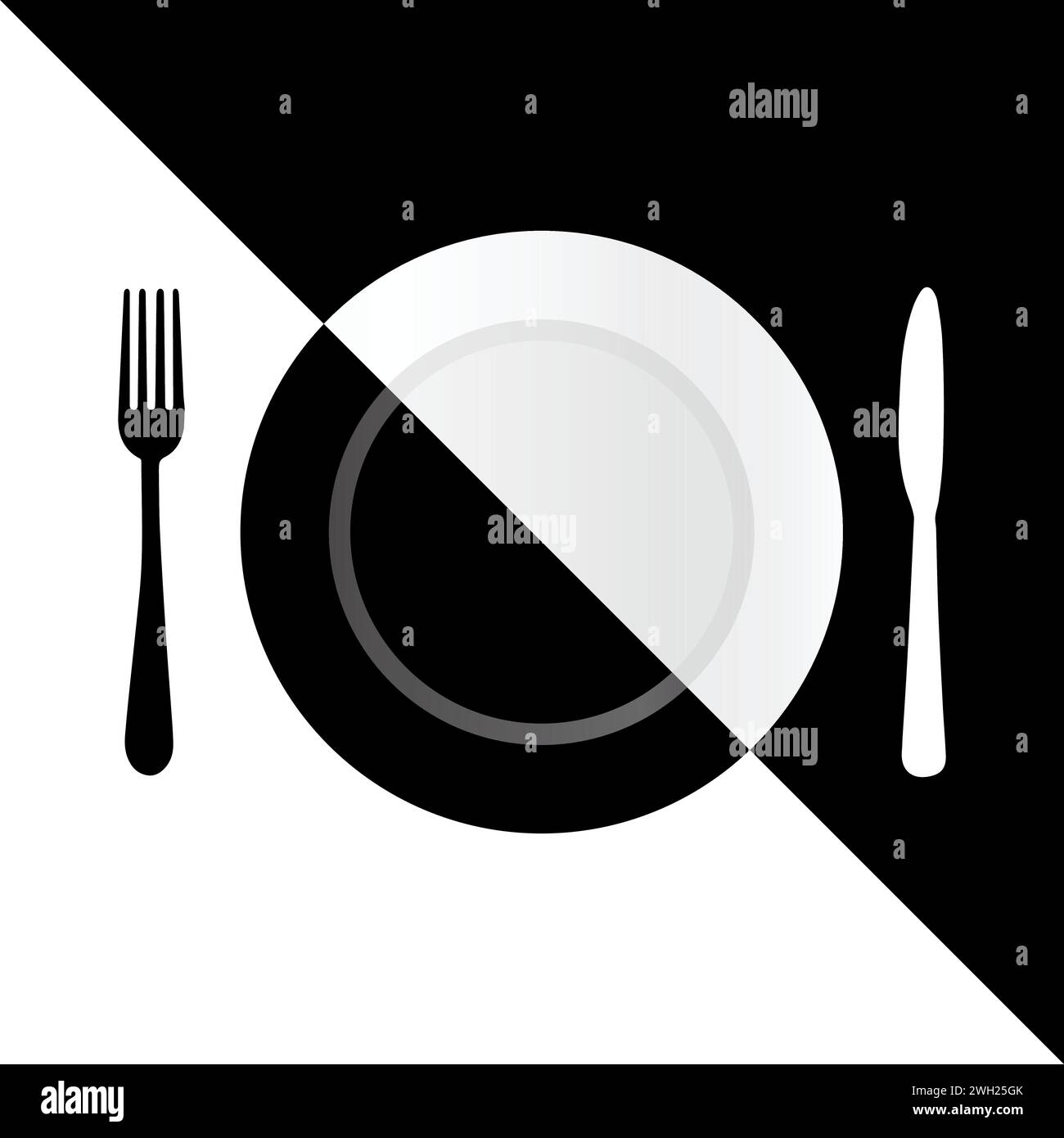 Black fork, white knife and half black and half white plate Stock