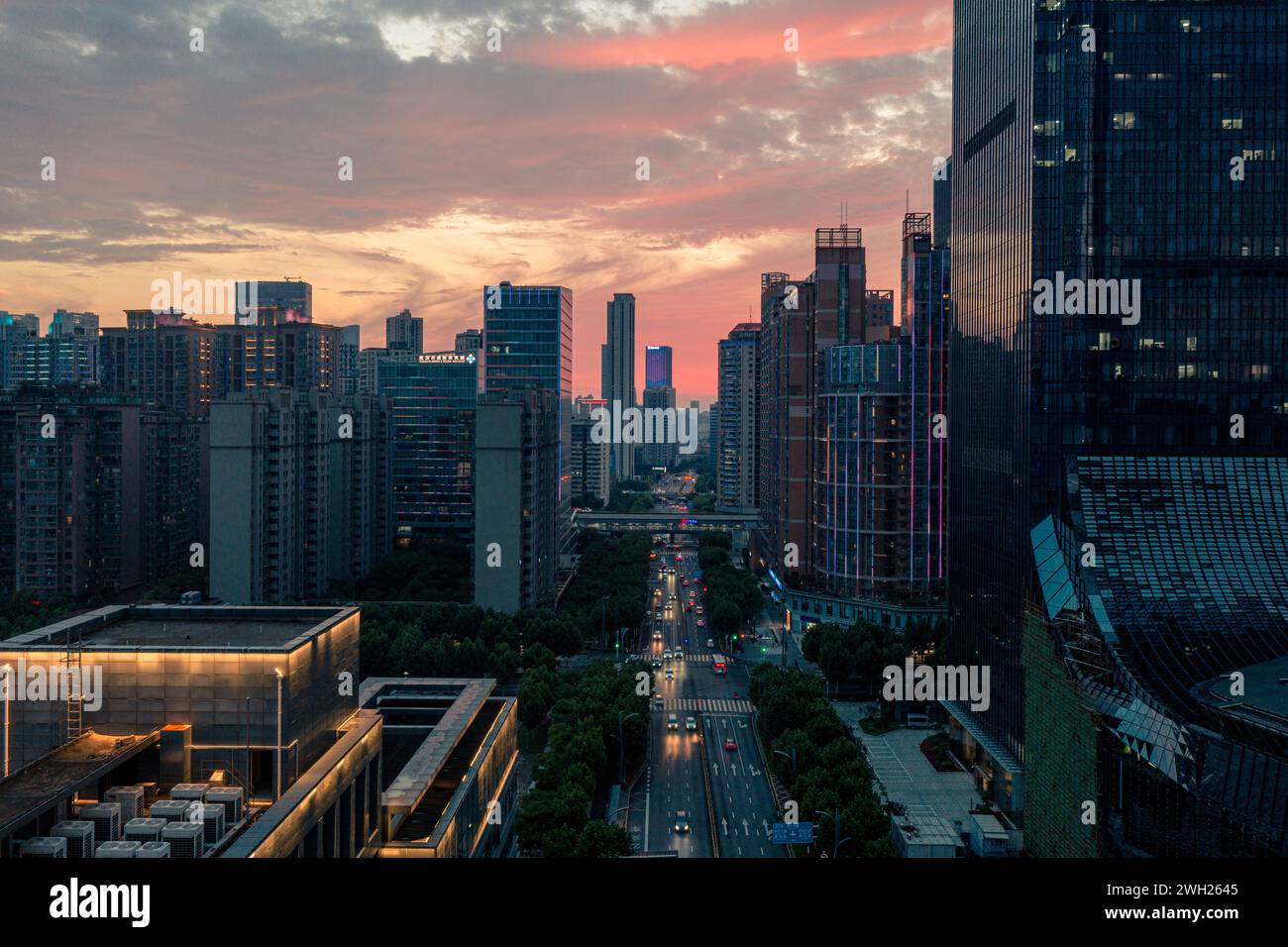 An aerial view of stunning skyscrapers in the central urban area of Wuhan, China. Stock Photo