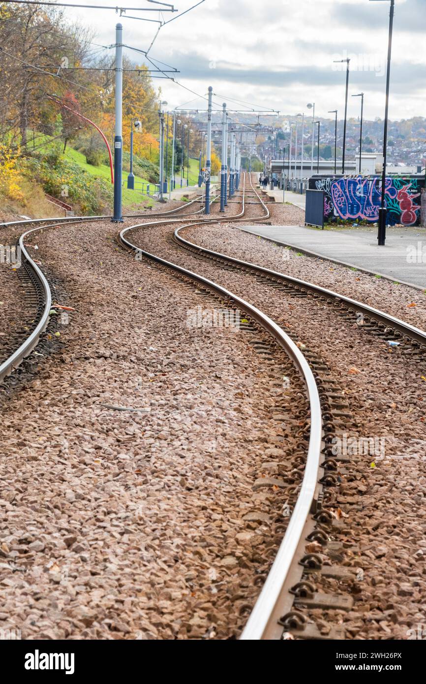 Sheffield, UK – 13 November 2021: The tram tracks between Park Square at the train station Stock Photo