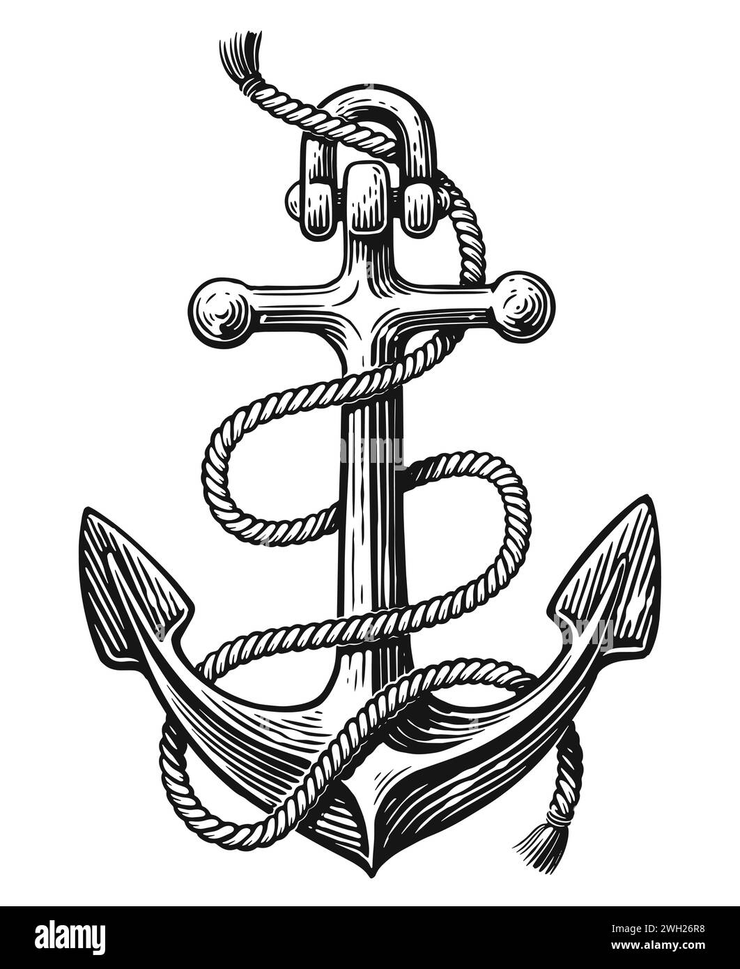 Ship sea Anchor with rope. Hand drawn sketch vintage vector illustration Stock Vector
