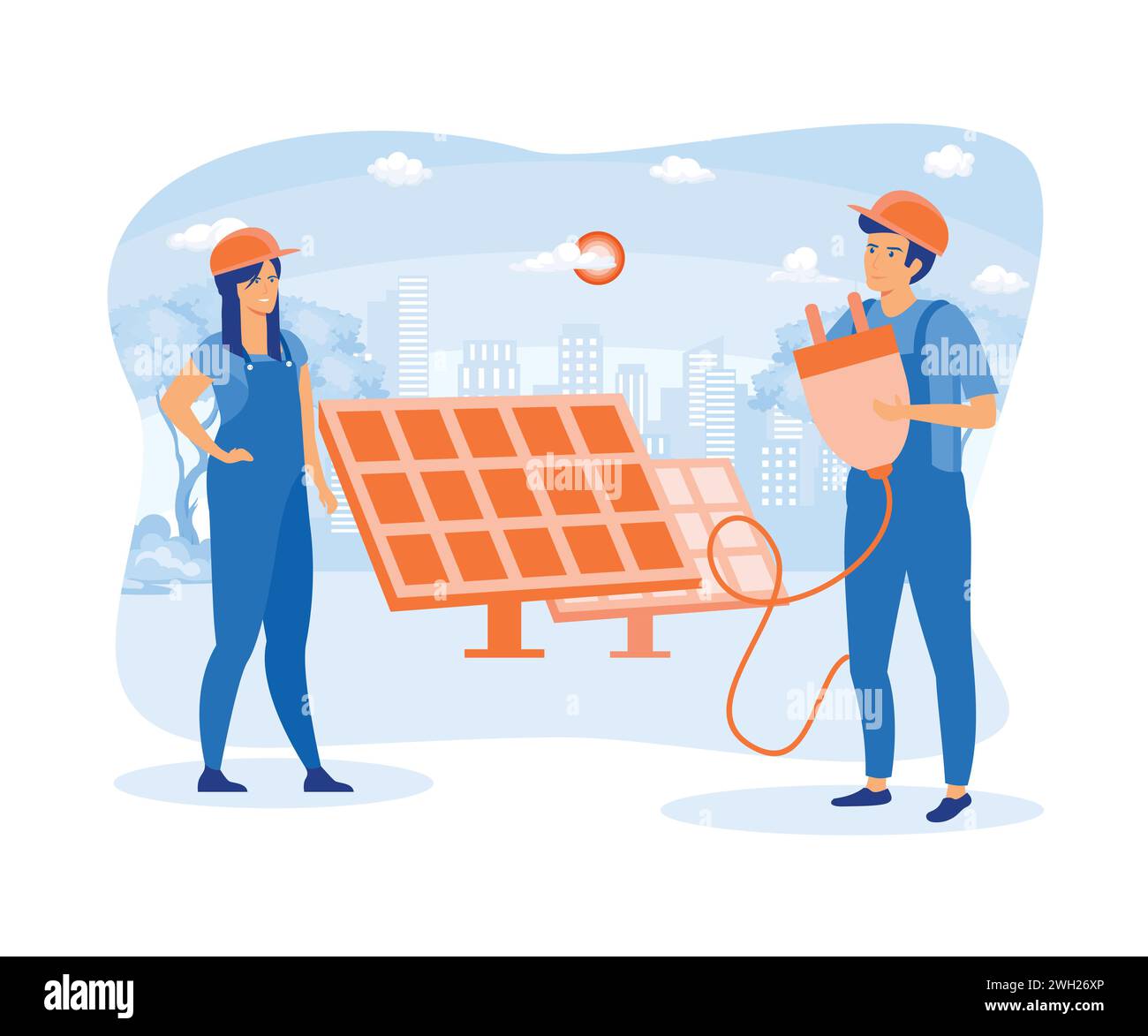 Alternative energy source with solar panels, solar panel power and Engineer character. Green and environmentally friendly energy. flat vector modern i Stock Vector