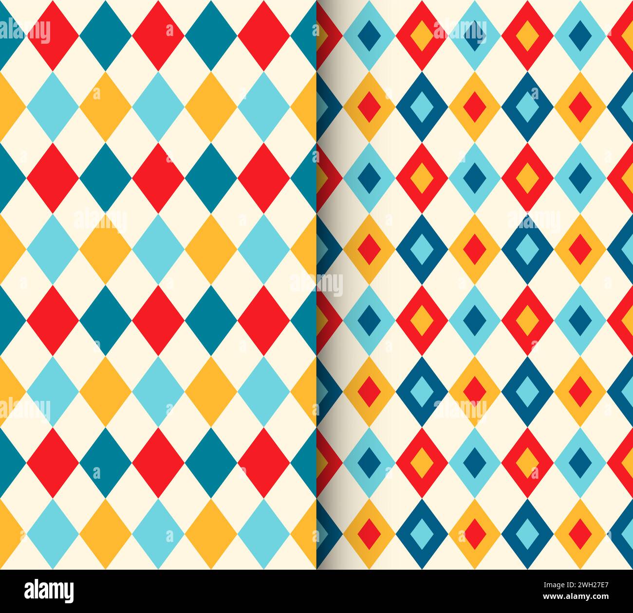 Circus harlequin patterns, rhombus lozenge pattern with diamond-shaped motifs in contrasting colors. Vector visually striking and repetitive tile design associated with traditional theatrical costumes Stock Vector