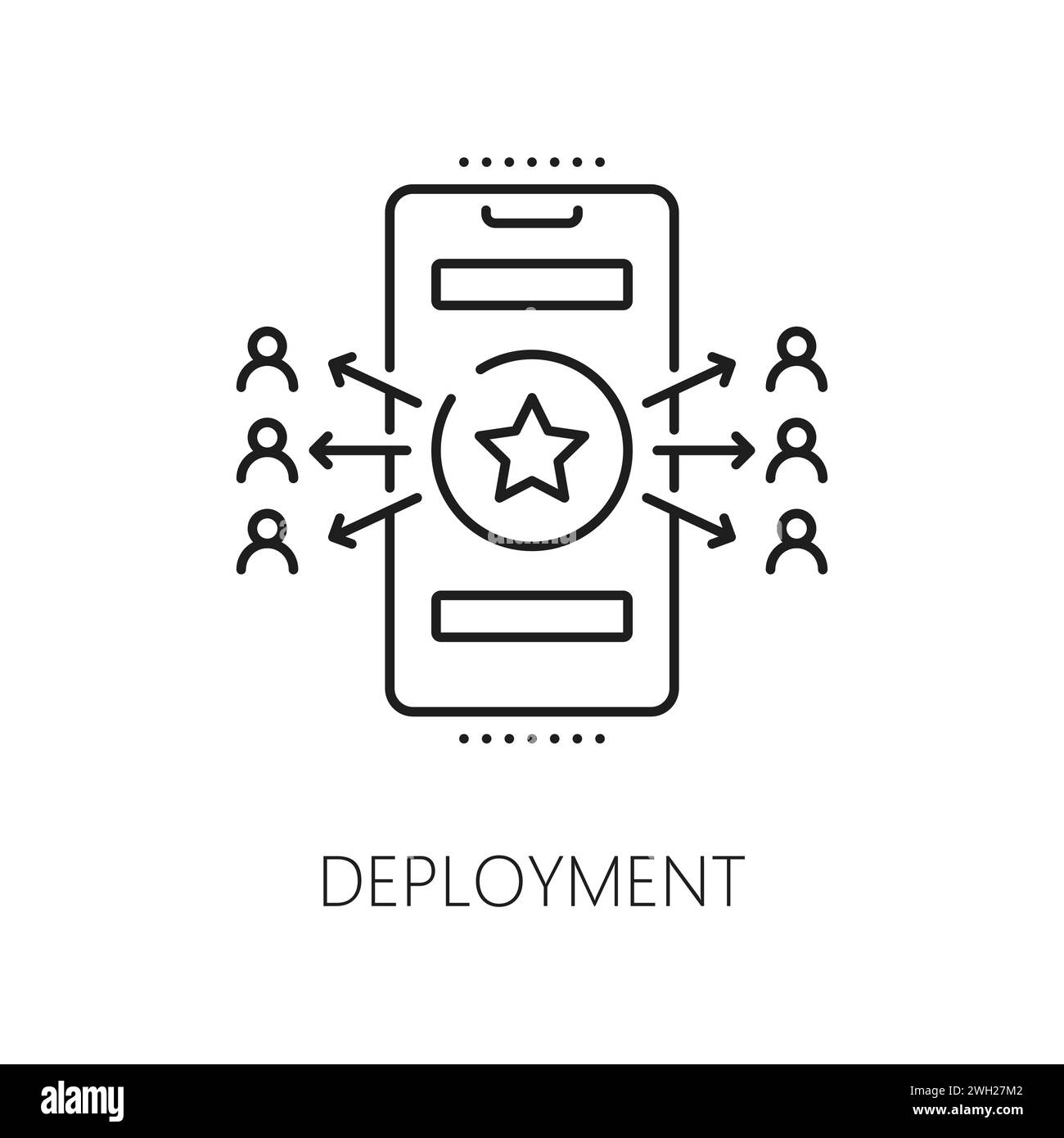 Web app deployment and optimization icon for mobile application and website programming, line vector. Digital framework planning and deploy of web app software and content for users Stock Vector