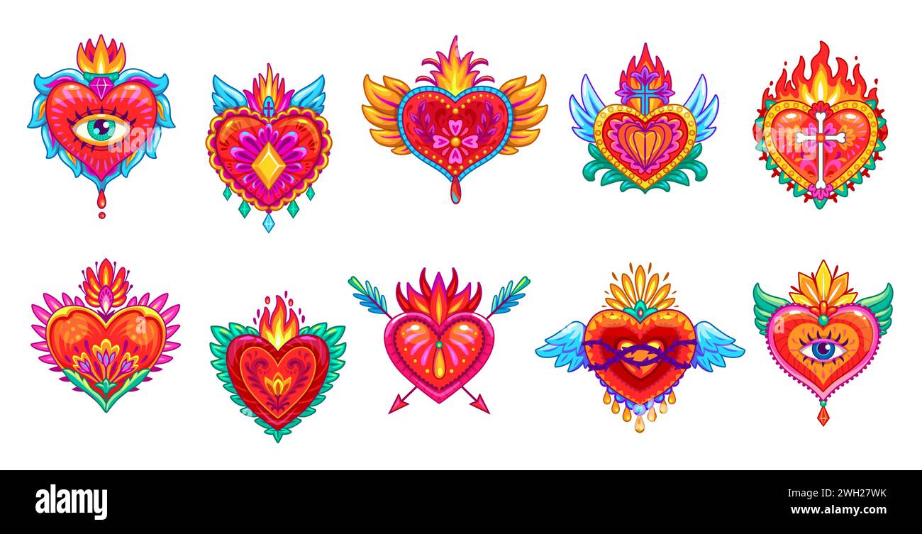 Mexican sacred hearts, vector tattoos. Vintage Mexico hearts of Jesus with fire flames, eyes, crowns and crosses, flower pattern, burning wings and arrows. Catholic religion sacred symbols set Stock Vector