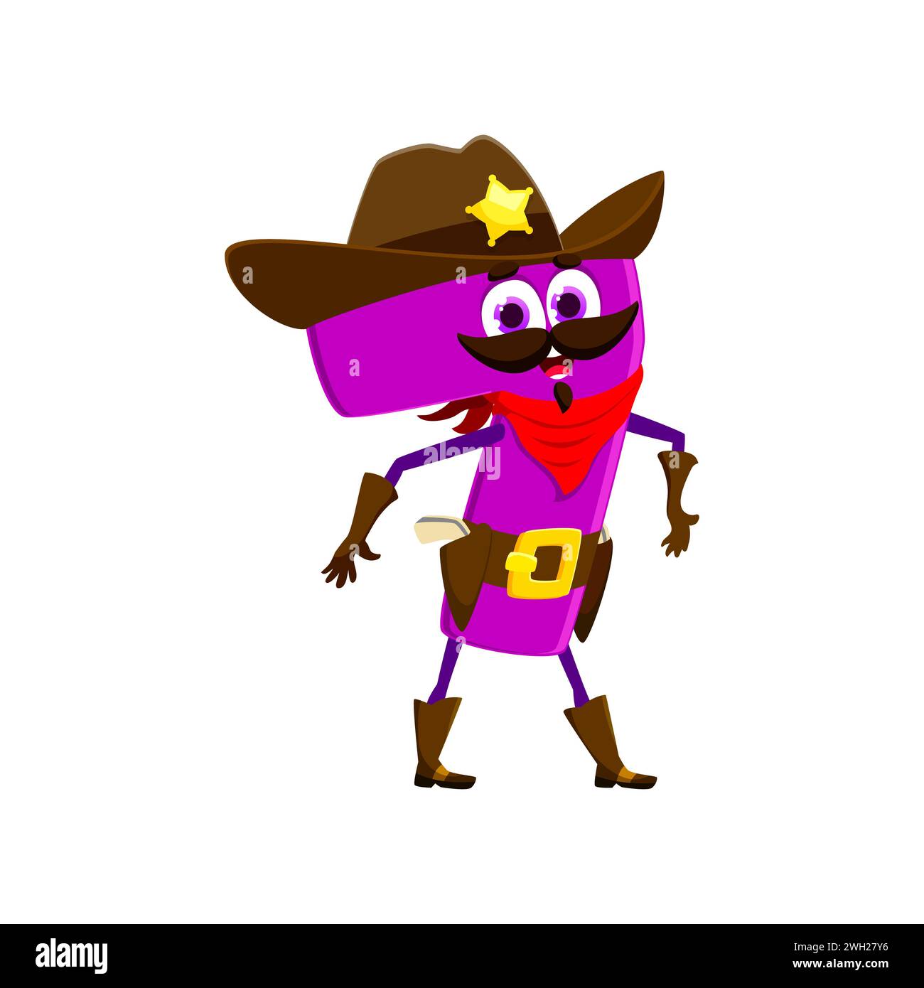 Cartoon cowboy, sheriff, math number seven character. Isolated vector digit 7 personage wearing ten-gallon hat, guns and star badge, solves equations, maintains order in the mathematical frontier Stock Vector