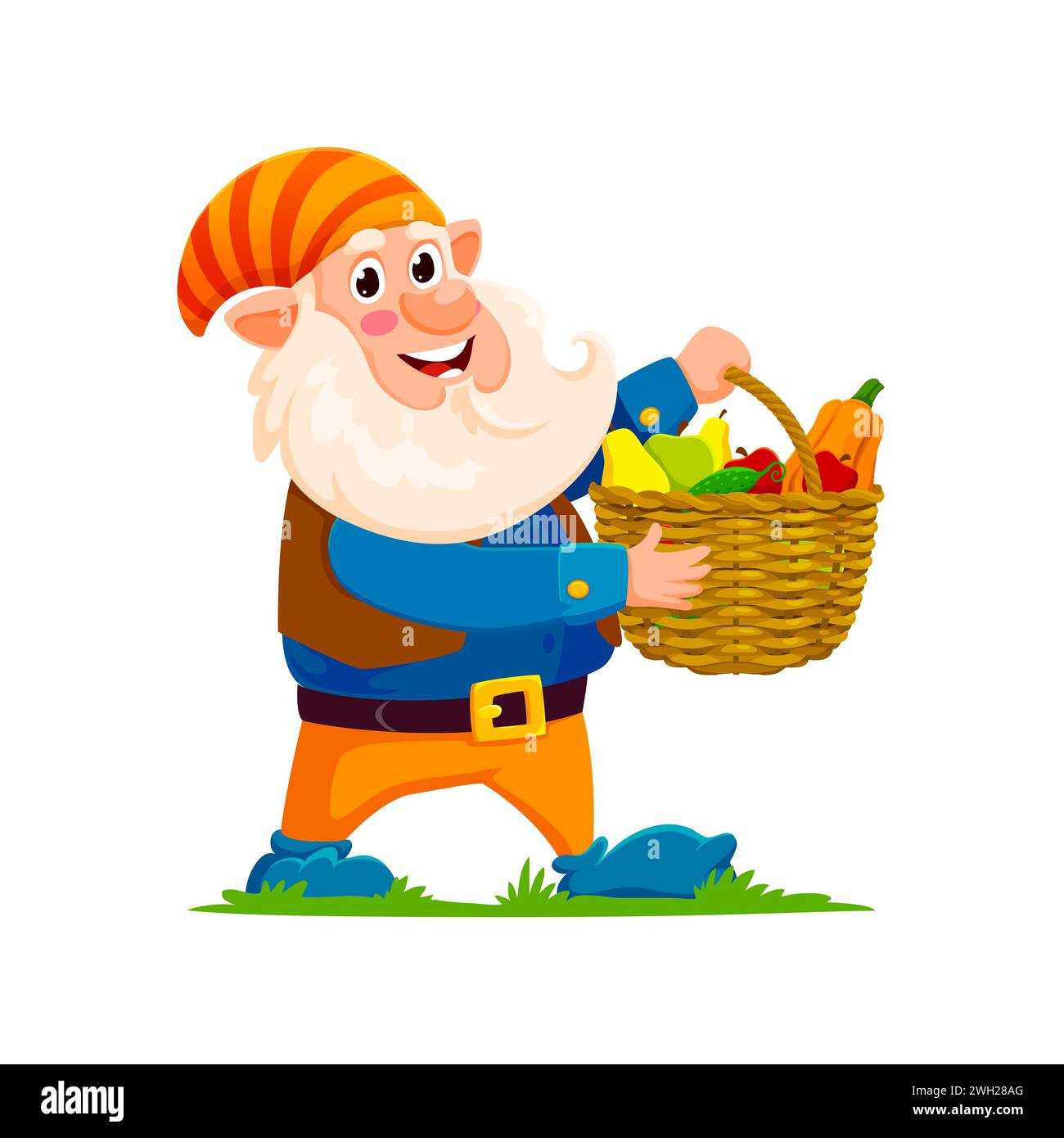 Cartoon gnome or dwarf gardener character happily carries a basket brimming with colorful, ripe and raw fruits. Isolated vector fairytale personage proudly presents delightful and bountiful harvest Stock Vector