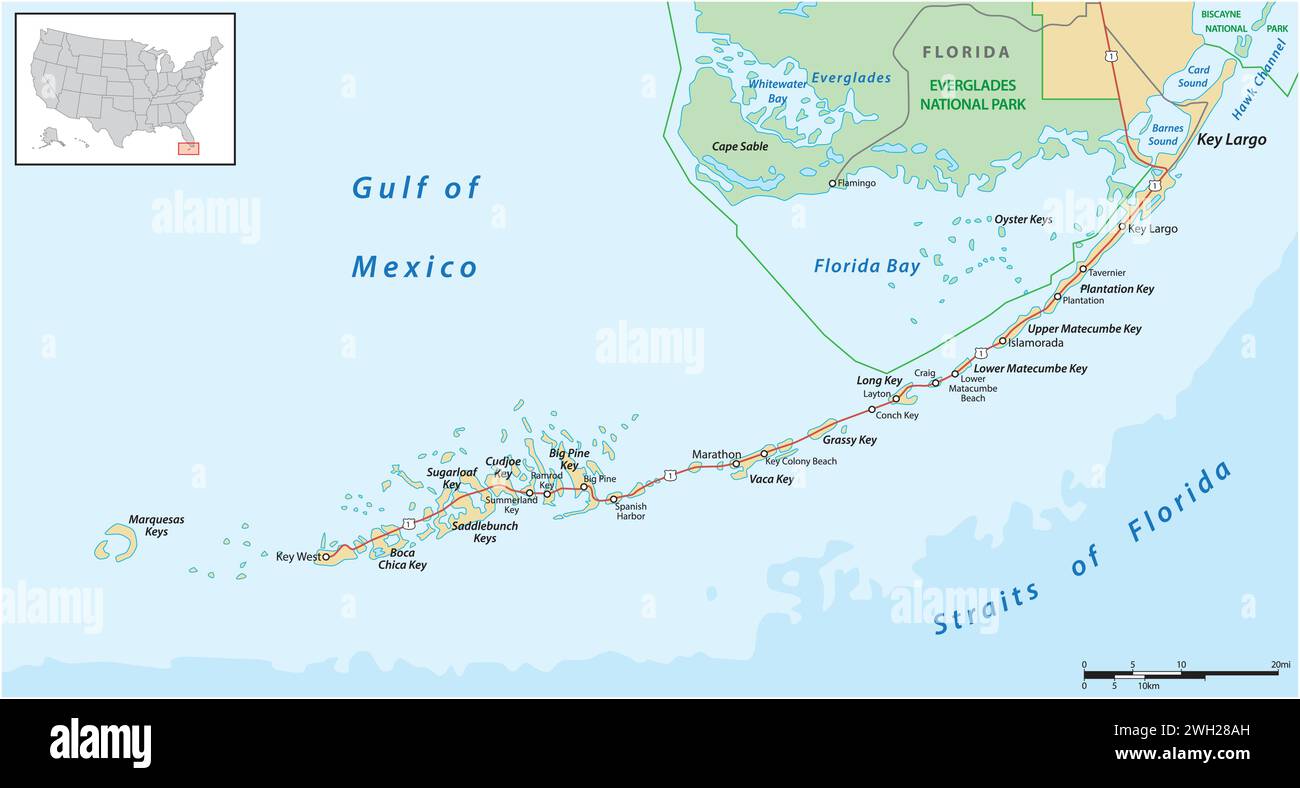 detaild florida keys road and travel vector map Stock Vector