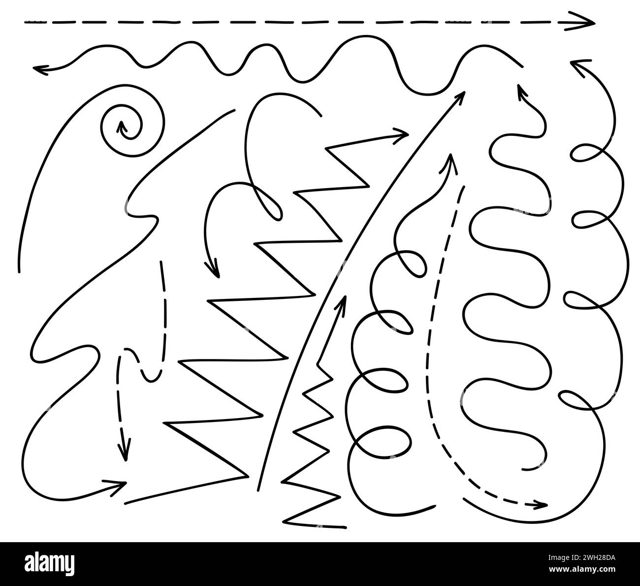 Doodle straight long arrows and curve line direction pointers, vector
