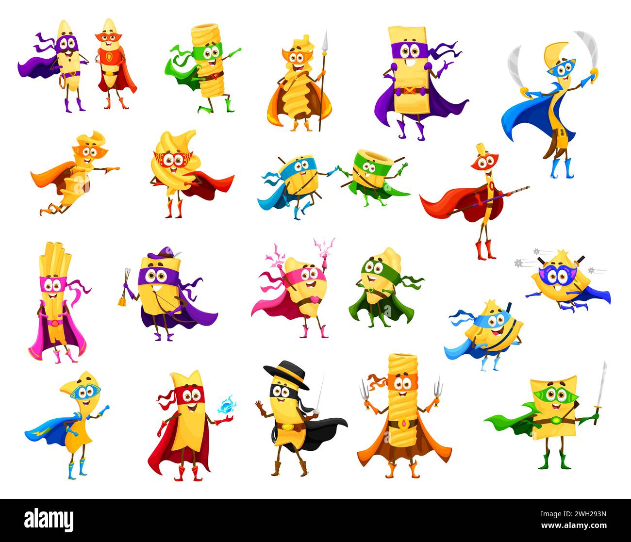 Cartoon italian pasta superhero characters. Orzo, rigatoni, lasagna ...