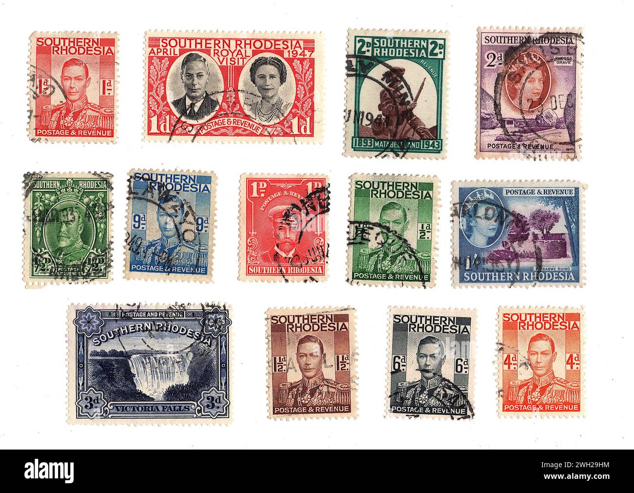 Vintage postage stamps from Southern Rhodesia (Zimbabwe) isolated on a