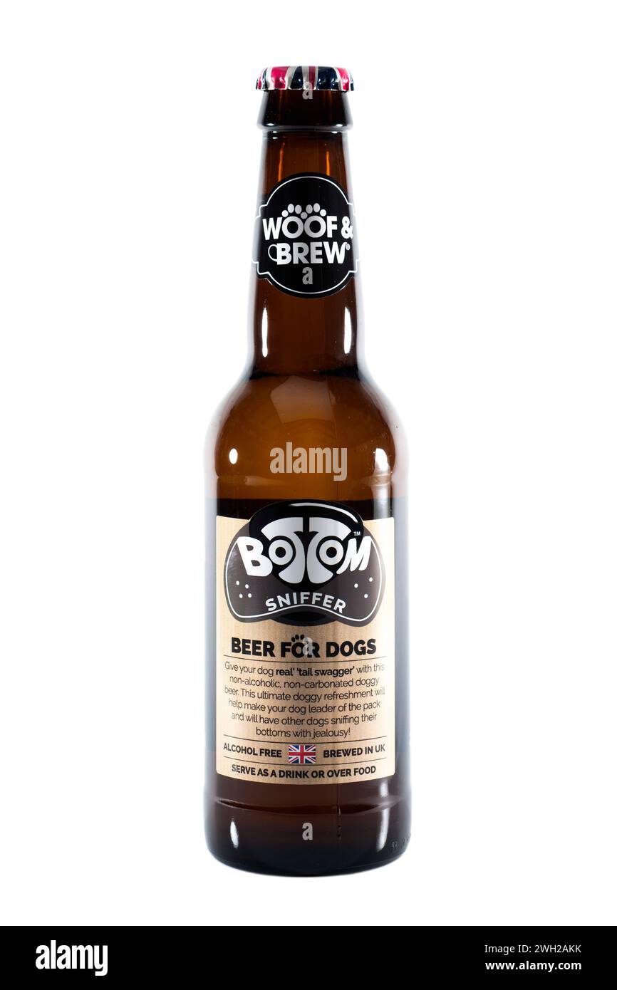 330ml Bottle of Woof and Brew Bottom Sniffer Beer for Dogs on a white background Stock Photo