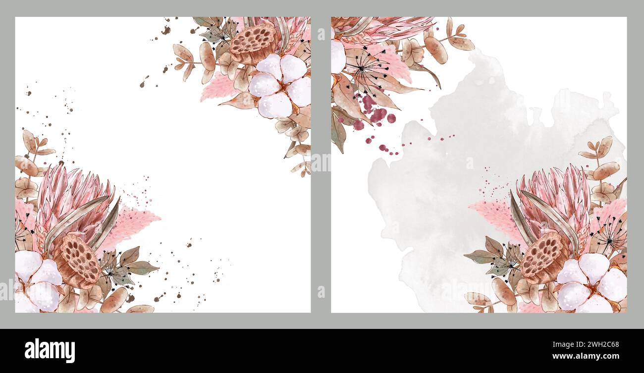 Watercolor set of floral wedding templates in boho style. Hand painted ...