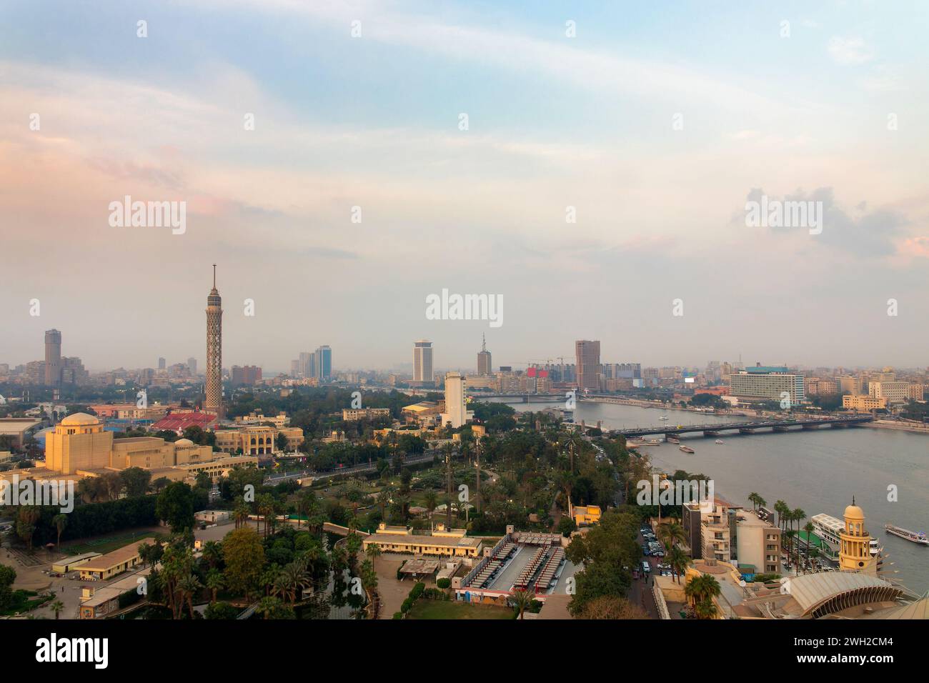 Aerial view of Cairo tower and the Nile river in Cairo, Egypt Stock Photo
