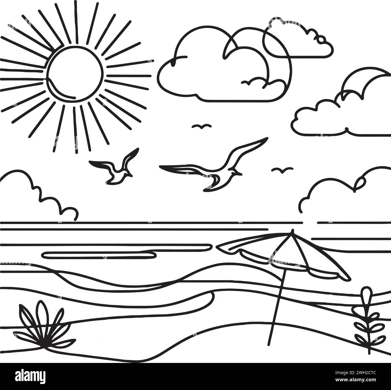 Beach sun umbrella sunbathing sea seagulls sun sun clouds. Line art