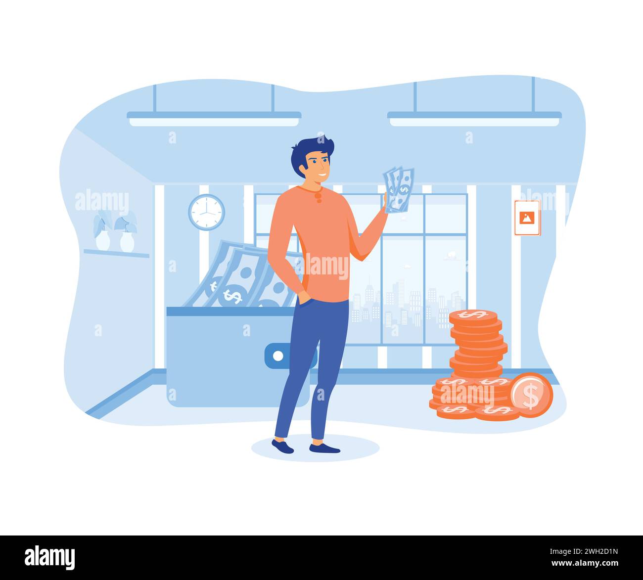 Salary payment concept. Man stands with a new received a salary