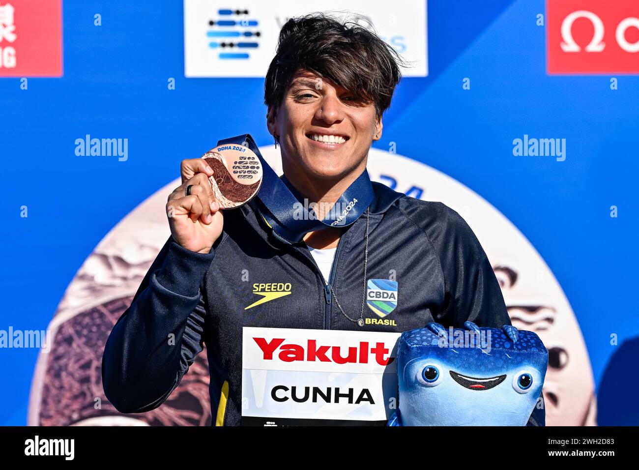 Doha, Qatar. 07th Feb, 2024. Ana Marcela Cunha of Brasil shows the bronze medal after competing in the open water 5km Women Final during the 21st World Aquatics Championships at the Old Doha Port in Doha (Qatar), February 7, 2024. Credit: Insidefoto di andrea staccioli/Alamy Live News Stock Photo