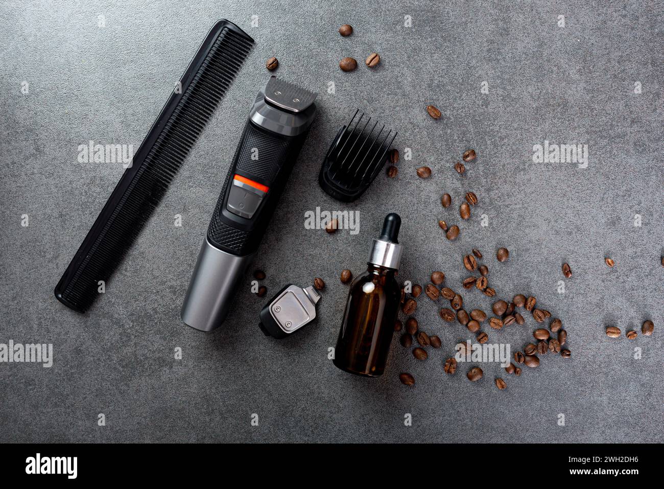 beard care kit. Clipper, comb, beard oil Stock Photo