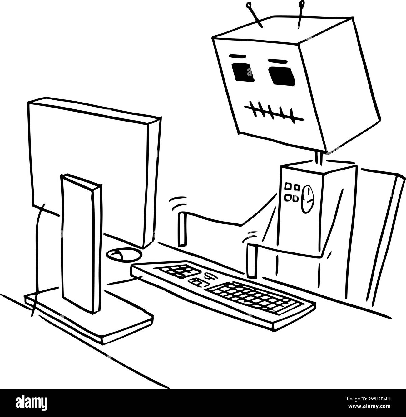 Robot Working in Office on Computer, Vector Cartoon Stick Figure Illustration Stock Vector