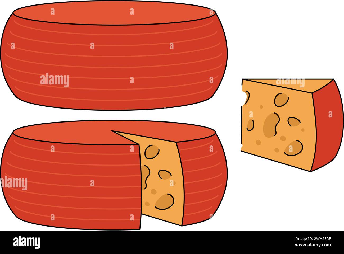 Cartoon wheel of cheese with red waxy rind. A triangular piece cut from