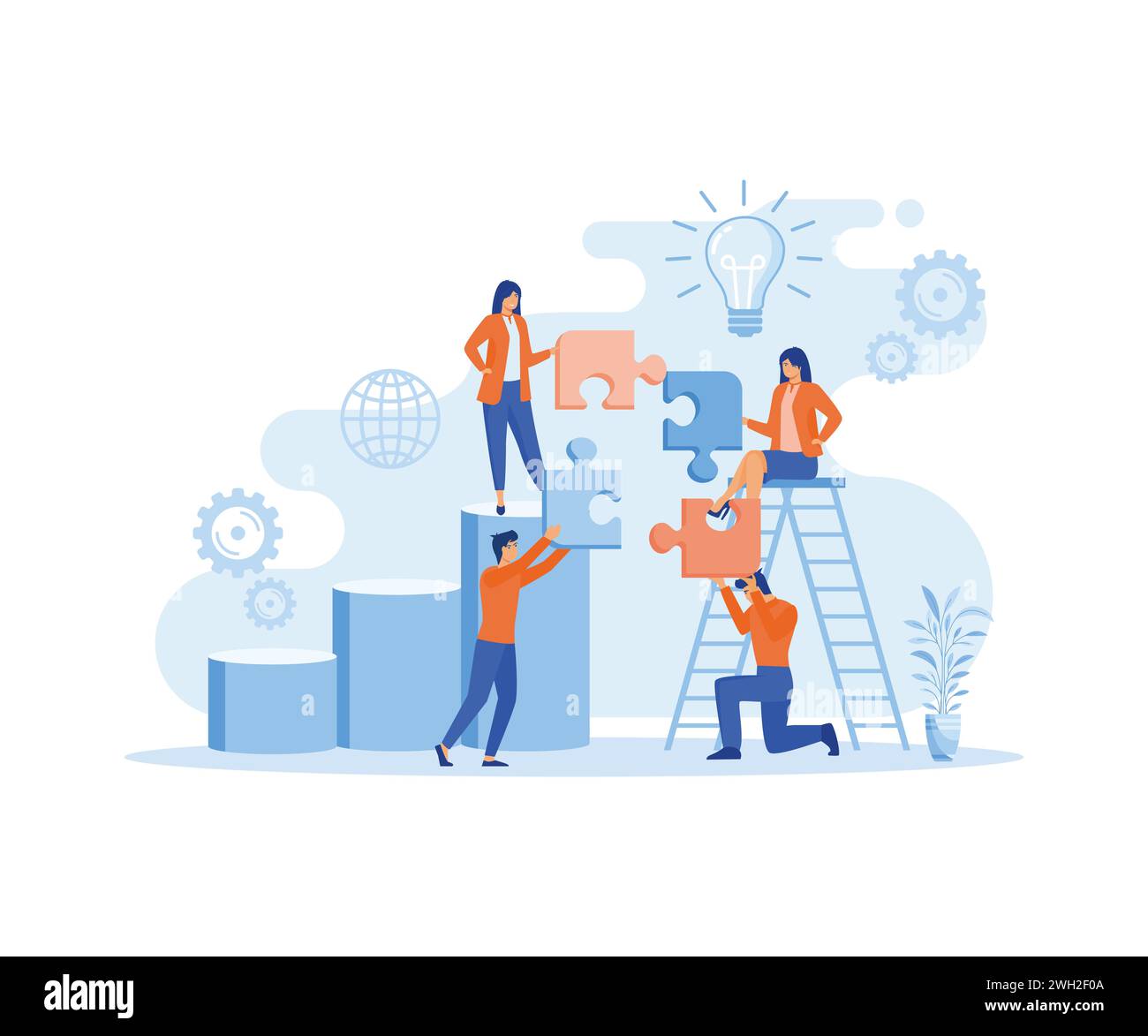 People with puzzle pieces. Team work, team building, corporate organization, partnership, problem solving, innovative business approach. flat vector m Stock Vector