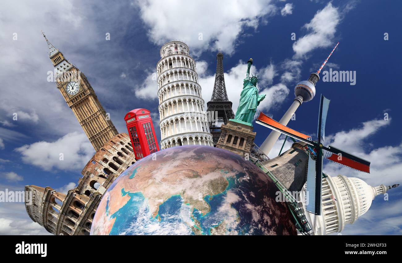 Travel planet. World landmarks and globe. Travel the world concept