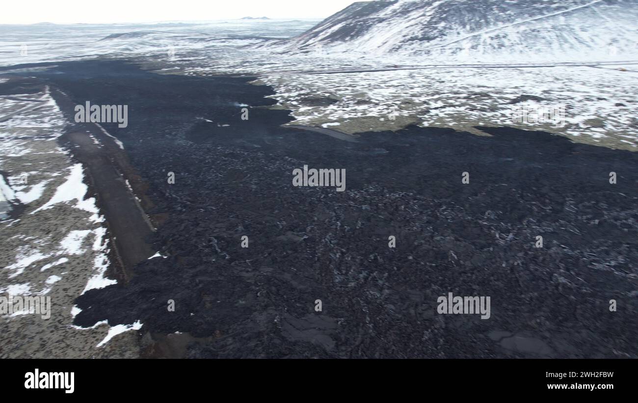 Volcanic Eruption in Grindavik, Iceland. January 2025. Drone View Stock