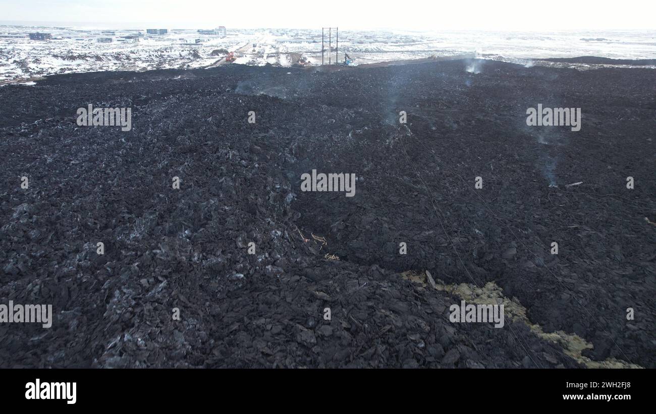 Volcanic Eruption in Grindavik, Iceland. January 2024. Drone View Stock