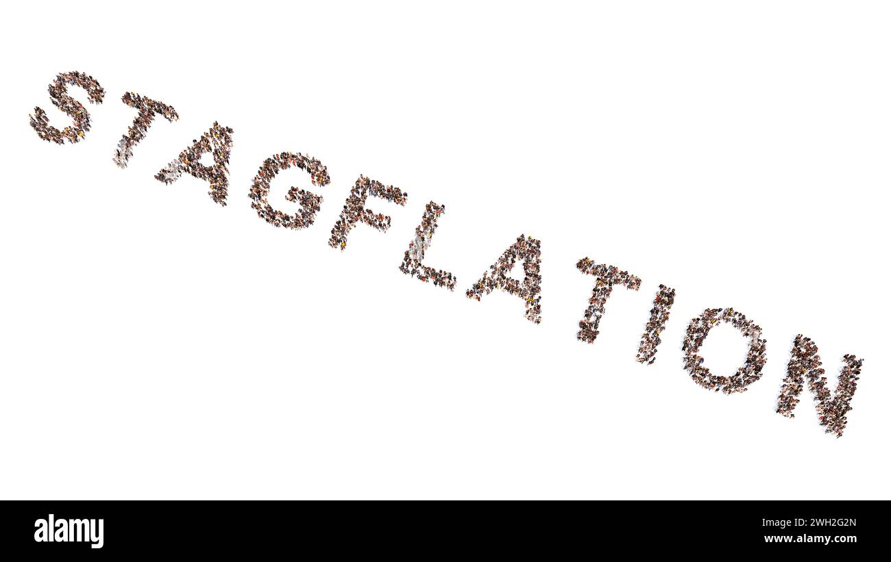 Concept or conceptual large community of people forming the word STAGFLATION. 3d illustration metaphor for slow economic growth, high unemployment Stock Photo