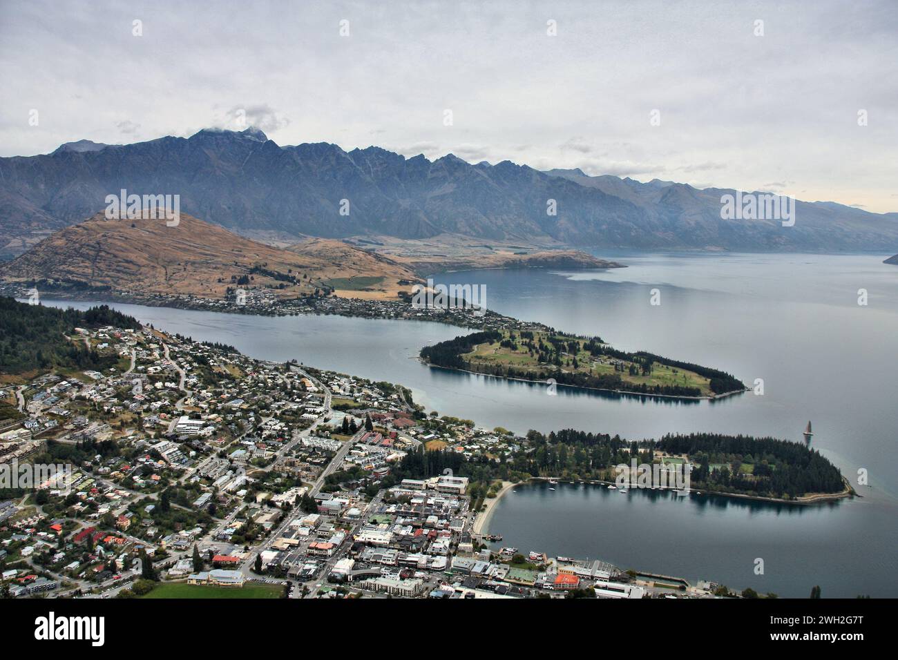 Queenstown, New Zealand - aerial view with Lake Wakatipu Stock Photo ...