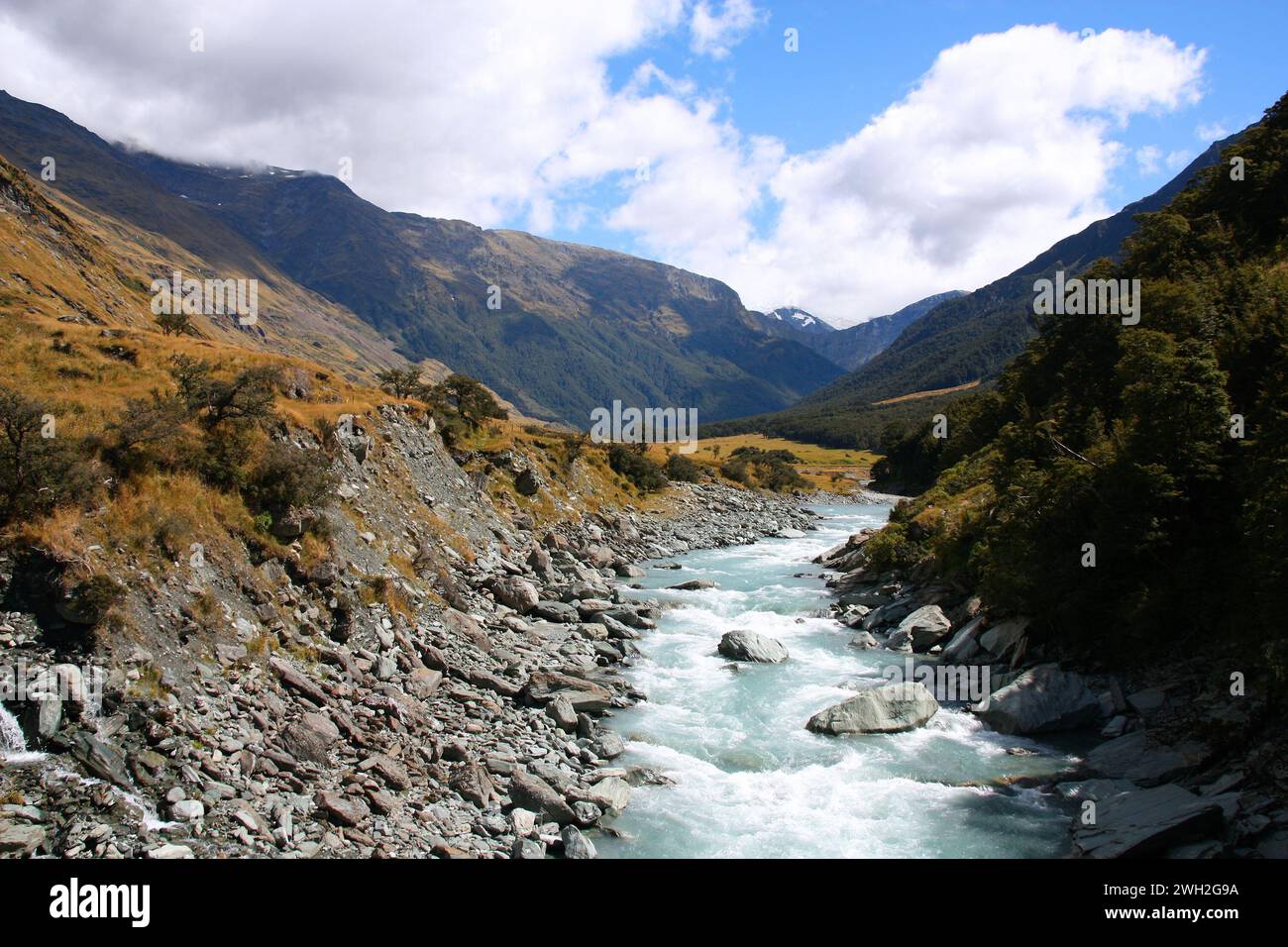 New Zealand mountains - river in Mount Aspiring National Park. Matukituki River. Stock Photo