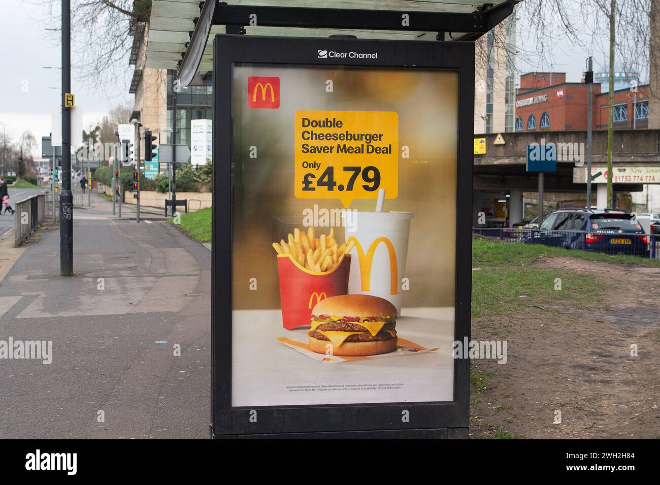Slough, UK. 7th February, 2024. A McDonald's advert in Slough, Berkshire. Fast food giant, McDonald's has reported its quarterly sales targets are down for the first time in nearly four years. Customers have reportedly been boycotting them due to the Israel and Hamas war. Last year  McDonald's in Israel said it had donated thousands of free meals to Israel Defence Forces troops involved in the conflict. Credit: Maureen McLean/Alamy Live News Stock Photo