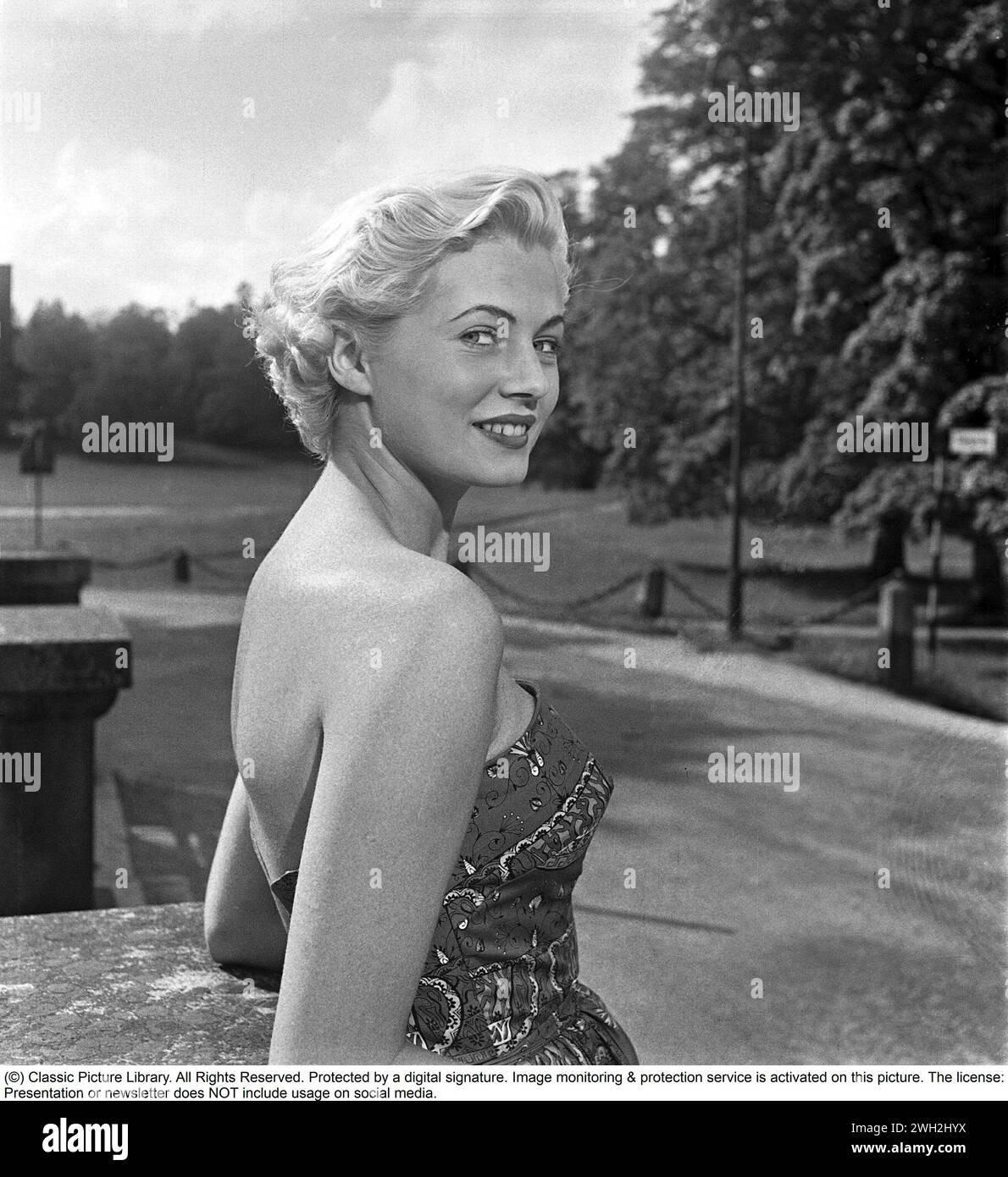 Anita Ekberg. Born 29 September 1931, died 11 January 2015. Swedish actress. When the picture is taken, she has won the Miss Sweden beauty contest on August 24, 1951. Anita has been awarded the title Miss Sweden through a vote in the weekly magazine Veckorevyn, where 1100 girls competed for the title in 28 Swedish cities and 125,000 voters. Along with the award, she also received a trip to the USA where she will visit the city of Atlantic City where Miss America is usually crowned, as well as Texas. She is 20 years old at this time, a native of Malmö and a model by profession. 1951. Kristoffer Stock Photo