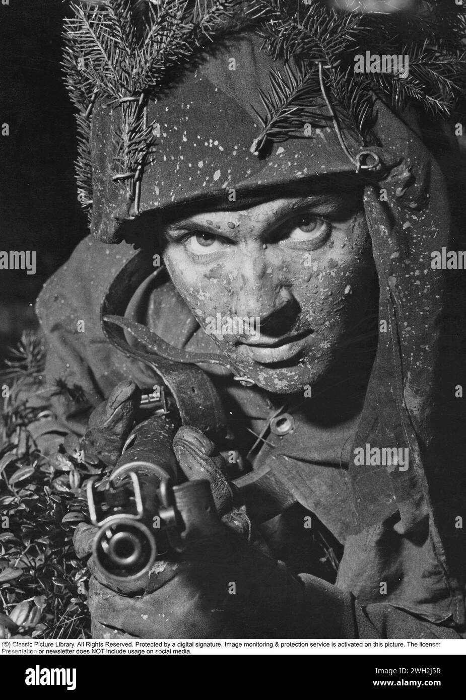 Swedish soldier in the 1950s. A young man during a military exercise has camouflaged himself well with fir branches in his helmet. He has a loaded submachine gun in his hands and is ready for battle. In 1945, Sweden introduced the 9 mm Parabellum Carl Gustaf m/45 with a design borrowing from and improving on many design elements of earlier submachine-gun designs. It has a tubular stamped steel receiver with a side folding stock. The m/45 was widely exported, and especially popular with CIA operatives and U.S. Special Forces during the Vietnam War. In U.S. service it was known as the "Swedish-K Stock Photo