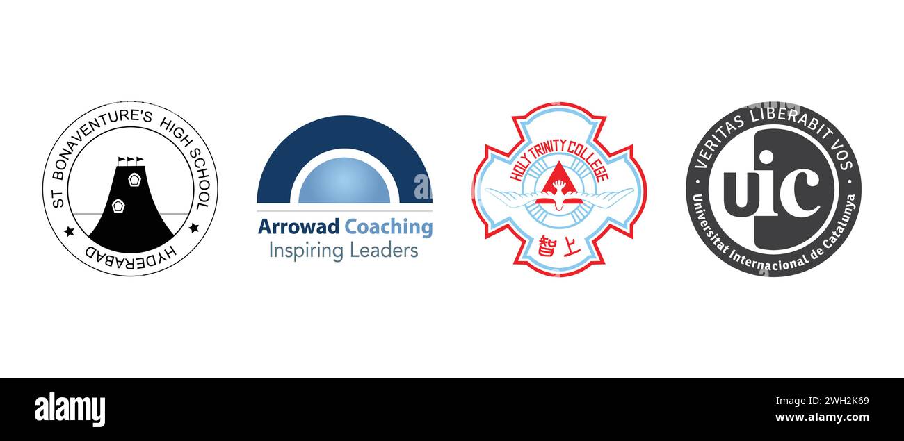 Arrowad Coaching, Holy Trinity College, St Bonaventures High School, Universitat Internacional de Catalunya. Vector illustration, editorial logo. Stock Vector