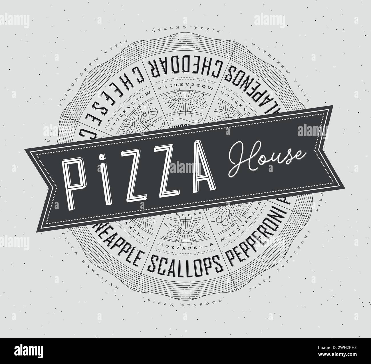 Poster featuring slices of various pizzas, chicken, seafood, pepperoni