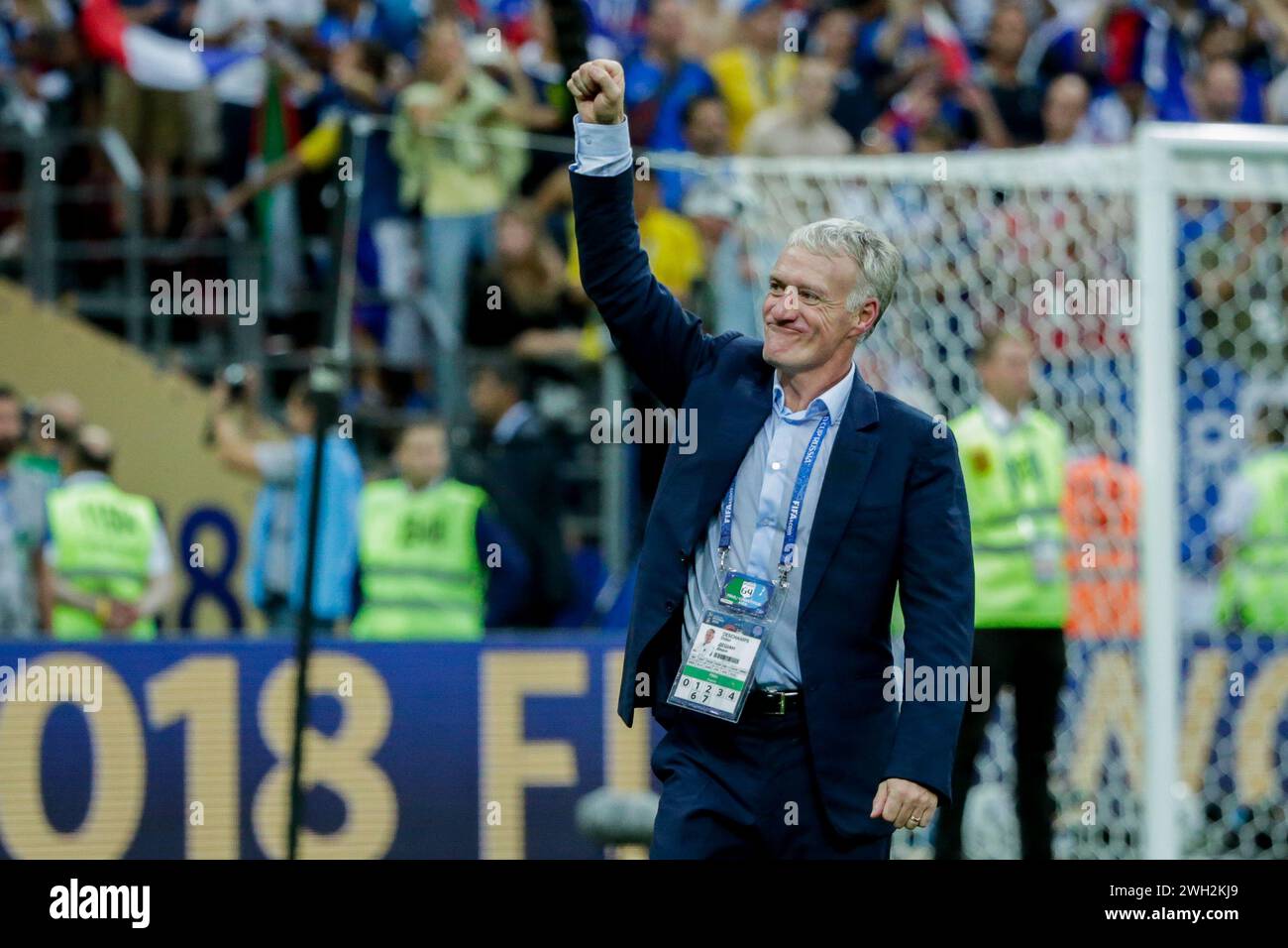 Coach Didier Deschamps of France celebrates winning the victory during the FIFA World Cup 2018 Final match between France and Croatia at Luzhniki Stadium. Final score: France 4:2 Croatia. (Photo by Grzegorz Wajda / SOPA Images/Sipa USA) Stock Photo