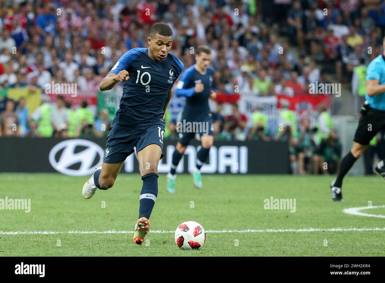Kylian Mbappe of France seen in action during the FIFA World Cup 2018 Final match between France and Croatia at Luzhniki Stadium. Final score: France 4:2 Croatia. (Photo by Grzegorz Wajda / SOPA Images/Sipa USA) Stock Photo