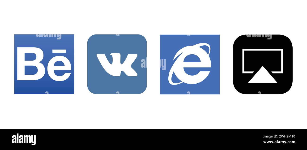 VK, Internet explorer tile, AirPlay, Behance Icon. Vector illustration, editorial logo. Stock Vector
