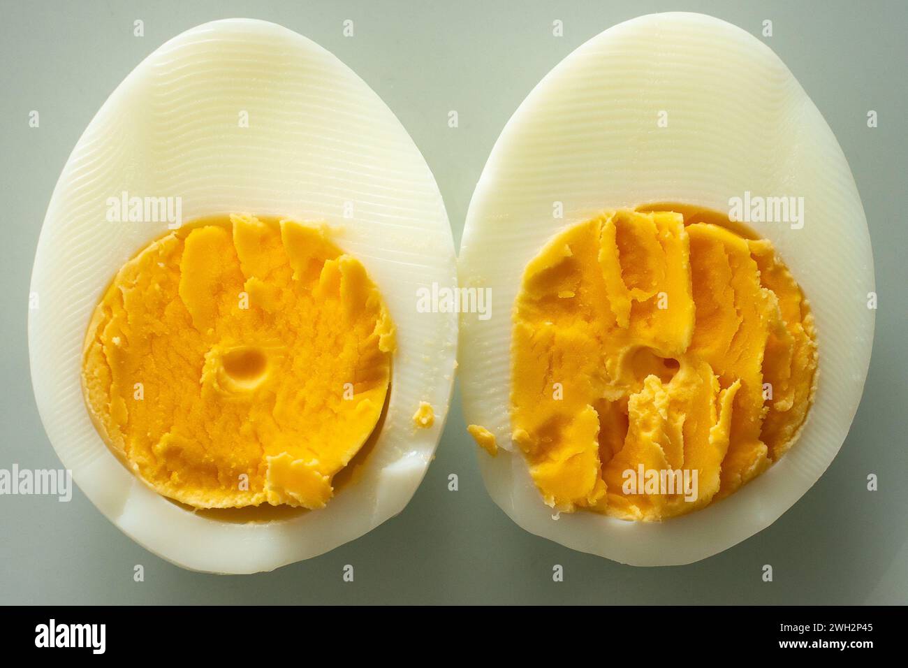 Close up of an egg cut in two halves on a white grey background. Stock Photo