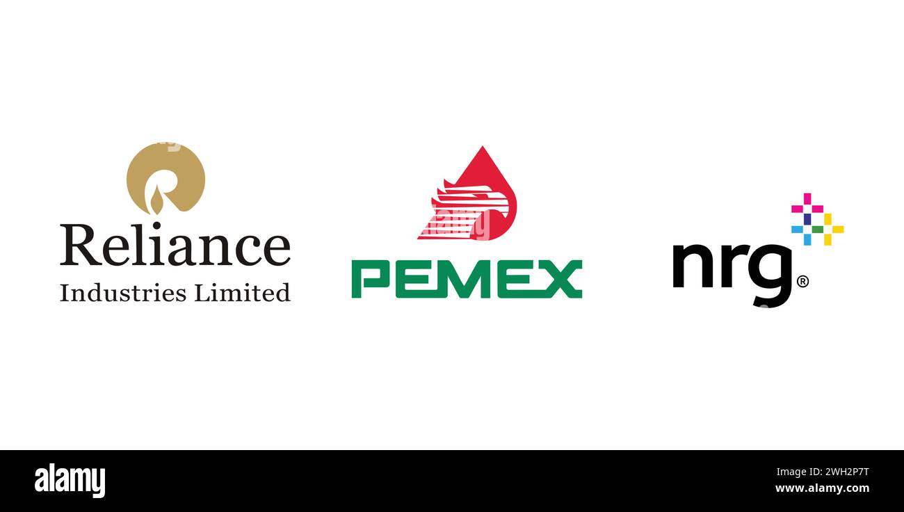 NRG Energy, Reliance Industries, Pemex. Editorial brand emblem. Stock Vector