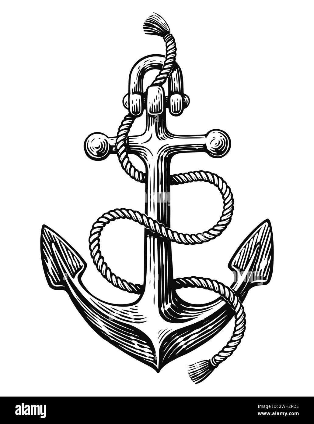 Sketch of ship nautical anchor with rope. Hand drawn vintage illustration engraving style Stock Photo