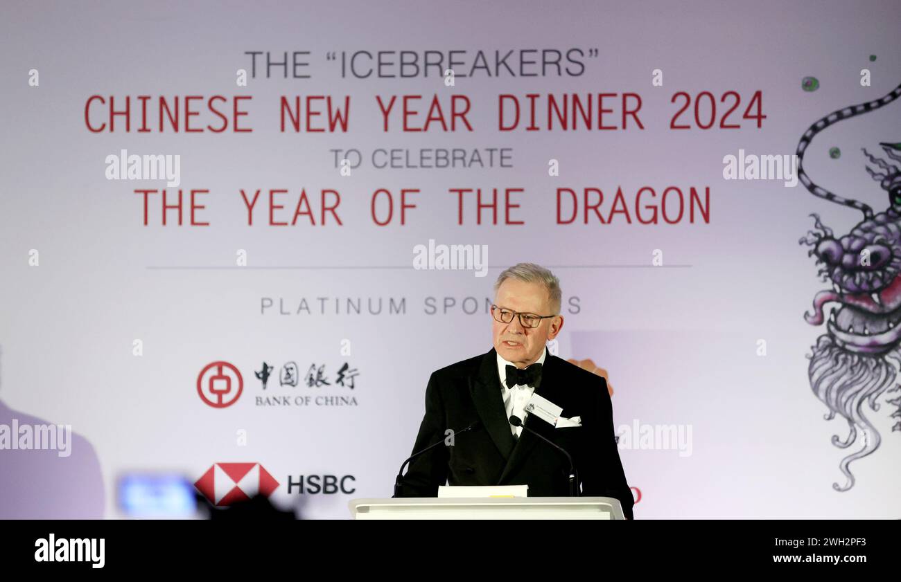London, Britain. 5th Feb, 2024. Sir Sherard Cowper-Coles, chair of the China-Britain Business Council (CBBC), speaks during the 'Icebreakers' 2024 Chinese New Year celebration in London, Britain, Feb. 5, 2024. TO GO WITH 'UK business community says ready to deepen cooperation with China' Credit: Li Ying/Xinhua/Alamy Live News Stock Photo