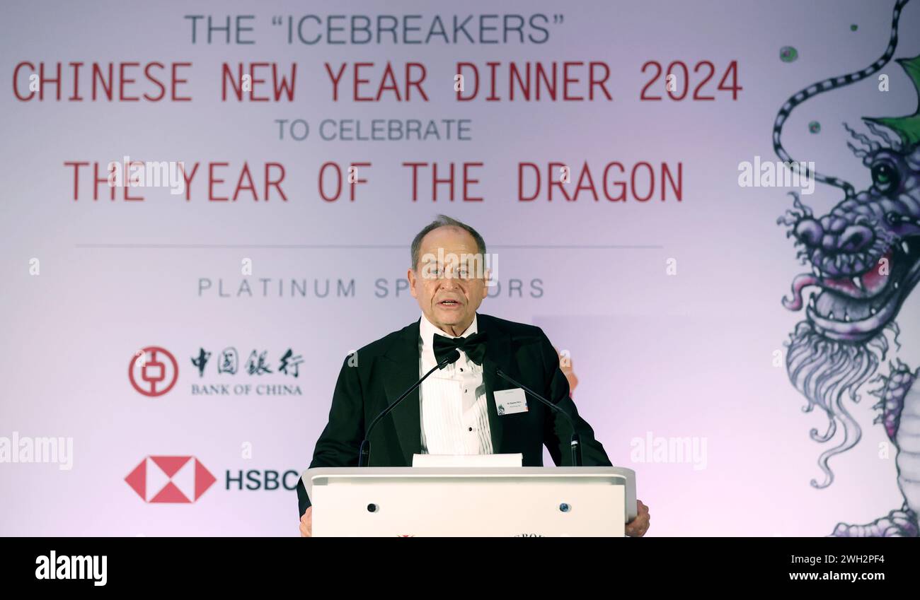 London, Britain. 5th Feb, 2024. Stephen Perry, president emeritus of the 48 Group Club, speaks during the 'Icebreakers' 2024 Chinese New Year celebration in London, Britain, Feb. 5, 2024. TO GO WITH 'UK business community says ready to deepen cooperation with China' Credit: Li Ying/Xinhua/Alamy Live News Stock Photo