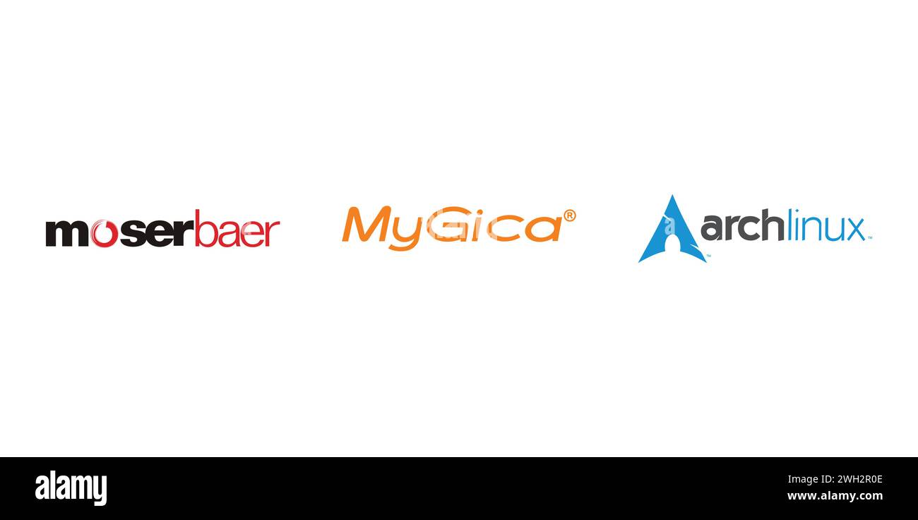 Moser Baer, Arch Linux, MyGica. Editorial brand emblem. Stock Vector