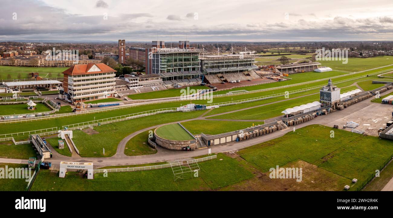 YORK RACECOURSE, YORK, UK - FEBRUARY 5, 2024. Aerial panorama landscape above York Racecourse horse racing track with the home straight and winning po Stock Photo